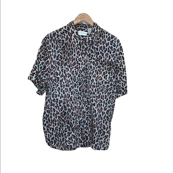 Elisabeth‎ Liz Claiborne Button Front Blouse Shirt Size 14P Leopard Print Flaw - Picture 1 of 9